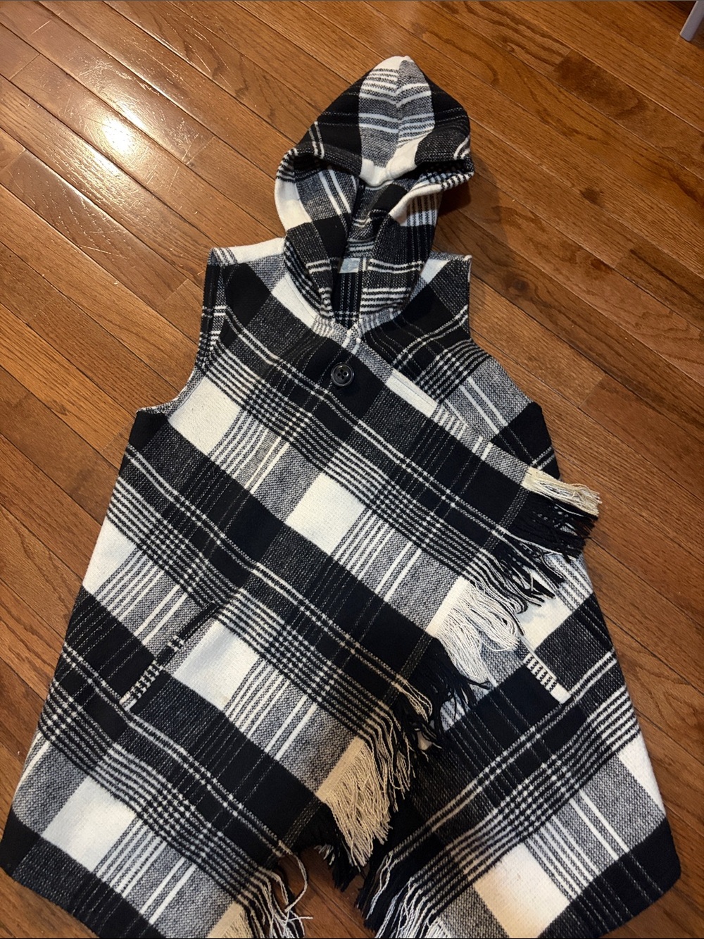 Jolt Black and White Plaid Hooded Fringe Poncho
